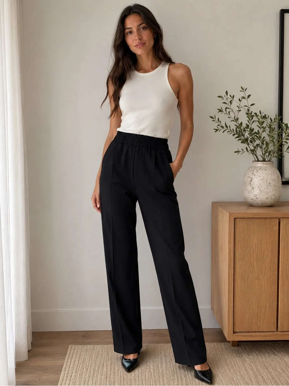 NWT Zara Black High-Waist Wide-Leg Trousers with Gold Zip size L.